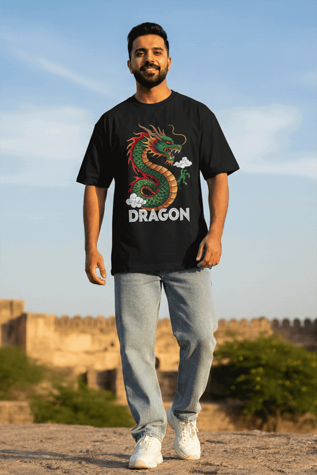 Men's "Azure Serpent" Oversized Graphic Tee – Black - NextWear.pk